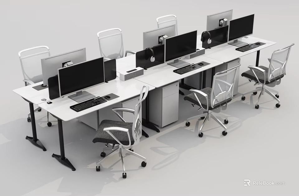 Modern Office Desk Setup With Multiple Computer Monitors And Ergonomic Chairs 3d model 