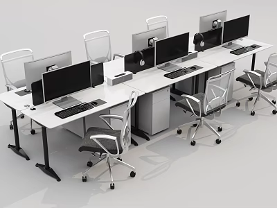Modern Office Desk Setup With Multiple Computer Monitors And Ergonomic Chairs 3d model