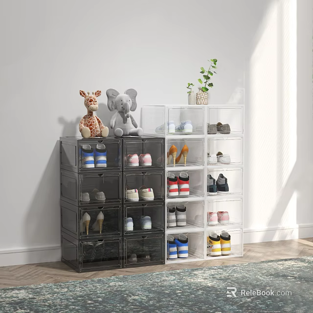 Practical Shoe Cabinet With Transparent Drawers Storing Various Shoes And Decorative Stuffed Toys 3d model 