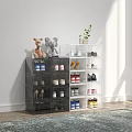 Practical Shoe Cabinet With Transparent Drawers Storing Various Shoes And Decorative Stuffed Toys