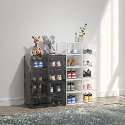 Practical Shoe Cabinet With Transparent Drawers Storing Various Shoes And Decorative Stuffed Toys 3d model