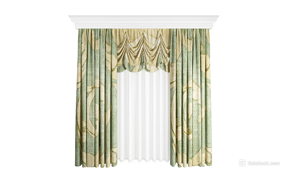 Green Beige Floral Pattern Curtains with Pleated Valance and Sheer Panels 3d model 