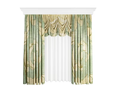 Green Beige Floral Pattern Curtains with Pleated Valance and Sheer Panels 3d model