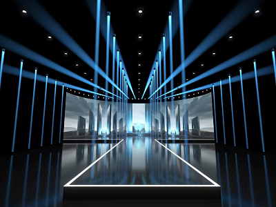 Futuristic Event Stage With Blue Light Beams And Large Screens 3d model
