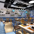 Modern Restaurant Interior Design With Colorful Chairs Wooden Tables Pendant Lights And Decorative Shelves