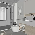 Modern Bathroom Interior With Shower Area Blinds Toilet Vanity Mirror And Storage