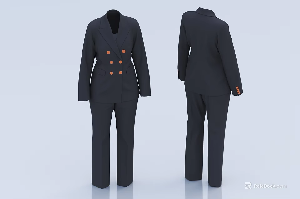 Classic Black Suit Set With Double Breasted Blazer And Straight Leg Pants Front Back Views 3d model 