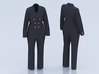 Classic Black Suit Set With Double Breasted Blazer And Straight Leg Pants Front Back Views 3d model