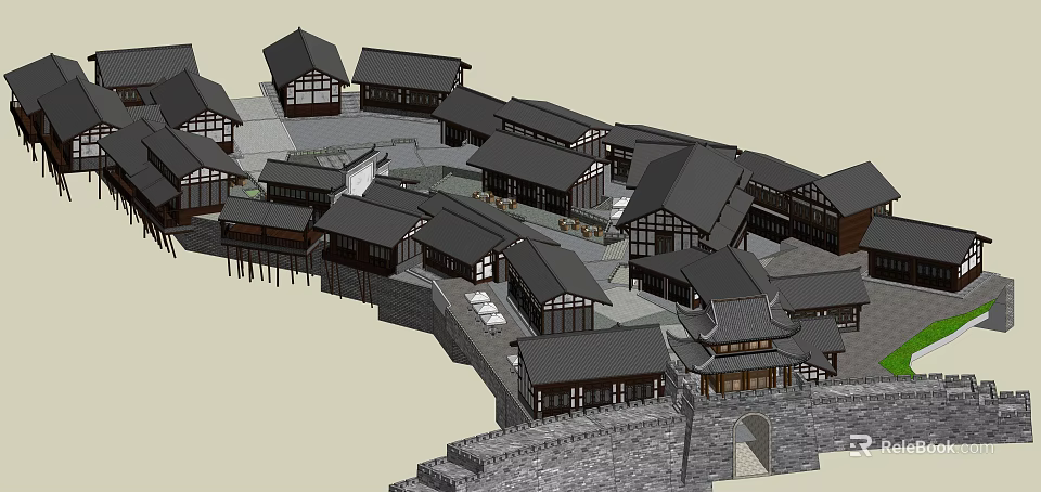 Ancient Architecture Complex Featuring Traditional Black Roofs Stone Walls And Wooden Structures 3d model