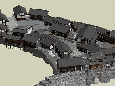 Ancient Architecture Complex Featuring Traditional Black Roofs Stone Walls And Wooden Structures 3d model