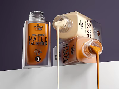 My Beauty Match Matte Foundation Cosmetic Bottles With Pouring Liquid In Beige And Orange Shades 3d model