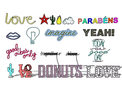 Decorative Lights with Star Cactus Cloud Love Donuts and Good Vibes Letters Design 3d model