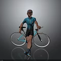 Man in Blue Cycling Jersey and Helmet Standing Next to Bicycle with Cycling Shoes
