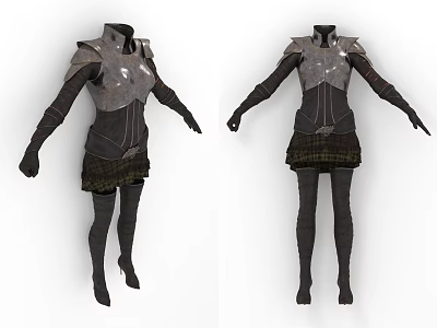 Stylish Women's Outfit With Metal Shoulder Armor Dark Top Plaid Skirt Long Socks And High Heels 3d model