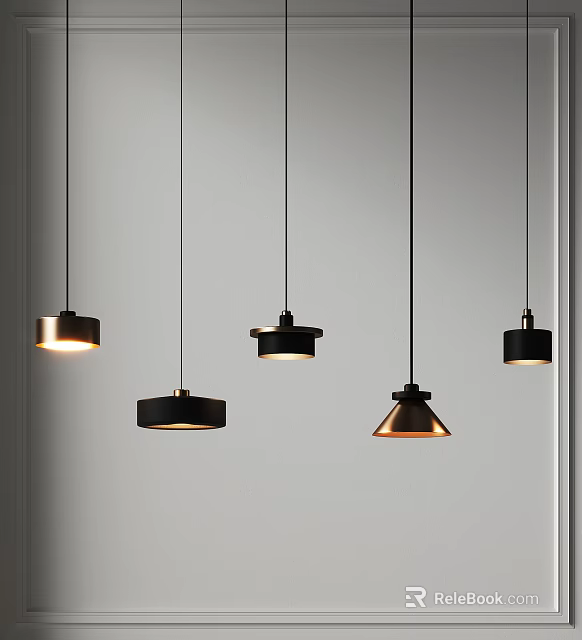 Five Black Pendant Lights with Various Shapes Hanging Some Illuminated Against White Wall 3d model 