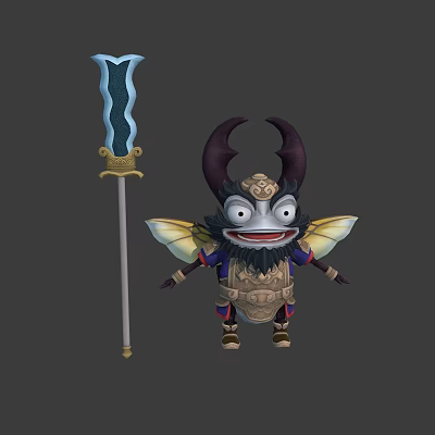 Fantasy Creature Character with Large Horns Big Eyes Wings Wearing Armor Holding Blue Blade Sword 3d model