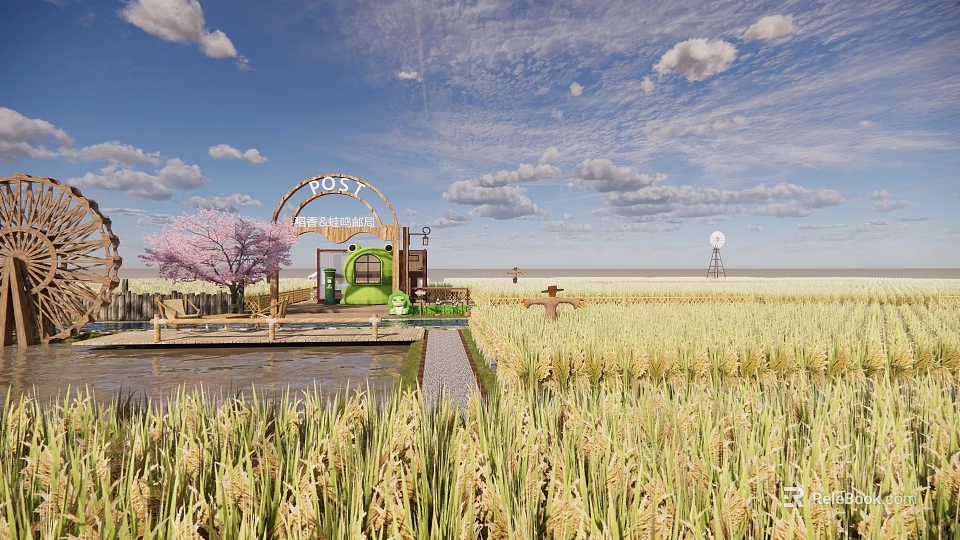 Scenic Rice Field Landscape With Cherry Blossom Tree Green Cottage Archway And Windmill 3d model 