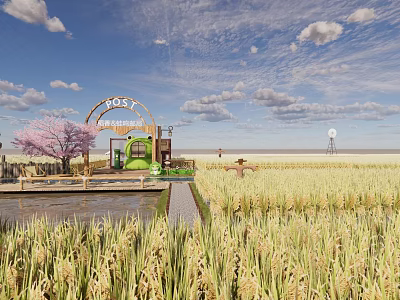 Scenic Rice Field Landscape With Cherry Blossom Tree Green Cottage Archway And Windmill 3d model
