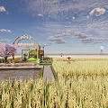 Scenic Rice Field Landscape With Cherry Blossom Tree Green Cottage Archway And Windmill