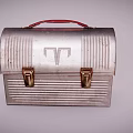 Vintage Metal Dinnerware Set With Red Handle Striped Design And Portable Storage