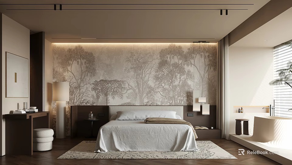 Serene Modern Bedroom Interior Design With Tree Patterned Wall Large Bed And Soft Area Rug 3d model