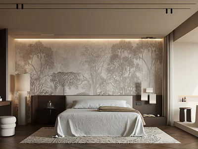 Serene Modern Bedroom Interior Design With Tree Patterned Wall Large Bed And Soft Area Rug 3d model