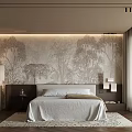 Serene Modern Bedroom Interior Design With Tree Patterned Wall Large Bed And Soft Area Rug 3d model
