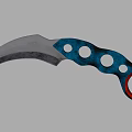 Tactical Weapon With Curved Metal Blade Blue Red Handle And Multiple Circular Holes Design