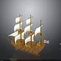 Vintage Wooden Sailing Ship Model with Multiple White Sails and British Flag Decoration