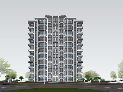 Modern High Rise Residential Building Exterior With Balconies And Green Trees 3d model