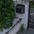 Black Wrought Iron Entrance Gate With Dark Wooden Door And Green Plants Near White Wall