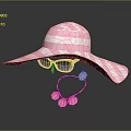 Pink And White Plaid Wide Brimmed Hat With White Sunglasses And Shell Hairband