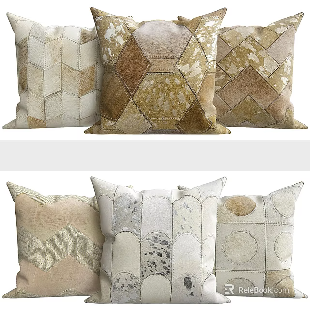 Modern Patchwork Throw Pillows in Neutral Tones with Decorative Patterns and Mixed Textures 3d model