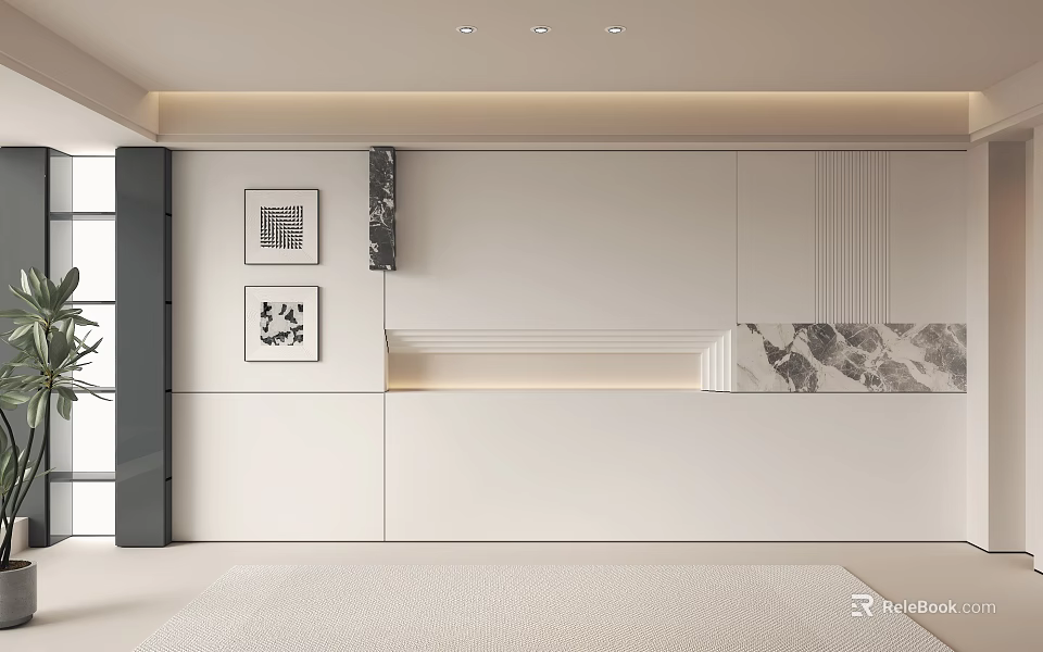 Modern Minimalist Background Wall Design With White Panels Linear Patterns And Artwork Decor 3d model