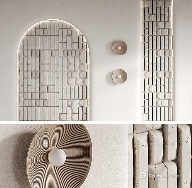 Modern Minimalist Sofa Backdrop Wall Design With Arched Tile Pattern And Decorative Wall Sconces 3d model 