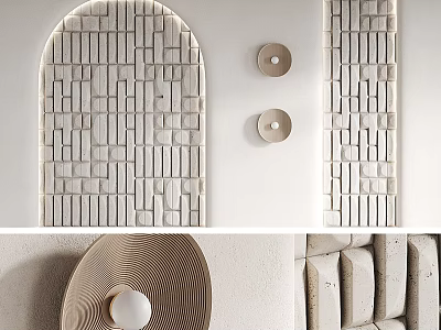 Modern Minimalist Sofa Backdrop Wall Design With Arched Tile Pattern And Decorative Wall Sconces 3d model