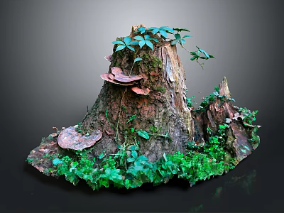 Green Plants Growing on Old Tree Stump with Moss and Small Mushrooms 3d model