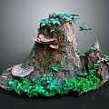 Green Plants Growing on Old Tree Stump with Moss and Small Mushrooms