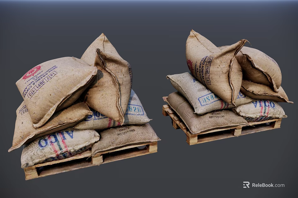 Stacked Burlap Sacks On Wooden Pallets For Industrial Goods Storage 3d model 