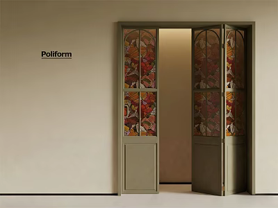Elegant Green Sliding Doors With Stained Glass Leaf Patterns For Modern Interior 3d model