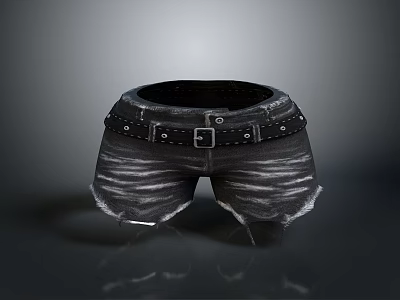 Black Denim Shorts Featuring Belted Waist And Distressed Hem For Daily Wear 3d model