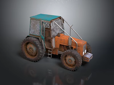 Old Orange And Blue Tractor With Large Worn Tires On Gray Background 3d model