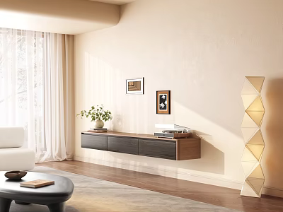 Modern TV Stand in Living Room with Potted Plant Decorative Frames and Drawers 3d model