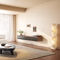 Modern TV Stand in Living Room with Potted Plant Decorative Frames and Drawers