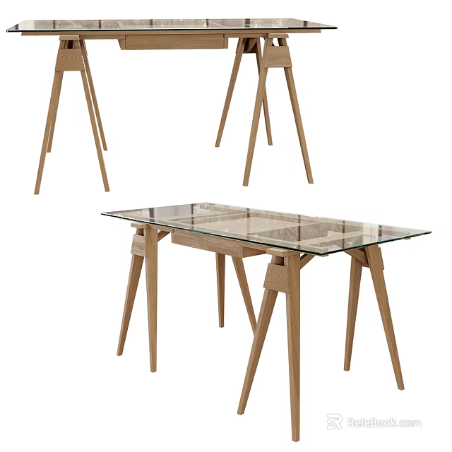 Modern Glass Top Desk With Wooden Legs And Minimalist Design Structure 3d model 