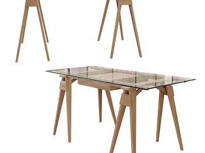 Modern Glass Top Desk With Wooden Legs And Minimalist Design Structure 3d model
