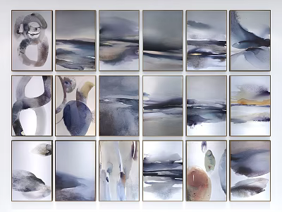 Abstract Paintings Collection In Ink Wash Style With Gray Blue White Tones And Grid Arrangement 3d model