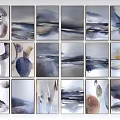 Abstract Paintings Collection In Ink Wash Style With Gray Blue White Tones And Grid Arrangement