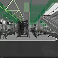 Modern Gym Interior With Green Ceiling Lighting And Spacious Fitness Equipment Area
