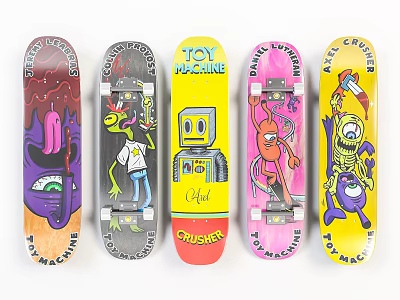 Colorful Skateboards Displaying Unique Cartoon Graphics And Brand Logos 3d model